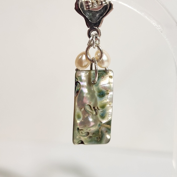 Genuine Sterling Silver Dangle Earrings With Abalone Shells & Freshwater Pearls - Picture 5 of 12